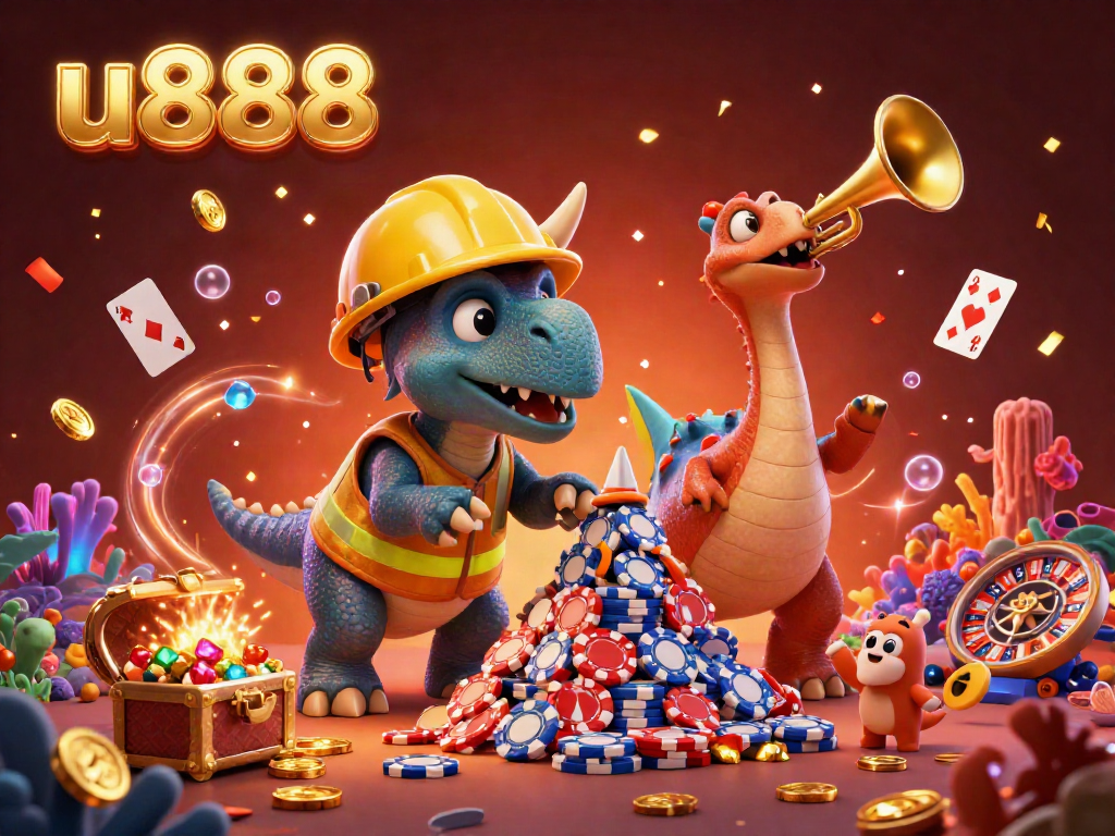 Experience the excitement of u888 with cheerful characters building poker chip pyramids and gaming treasures.