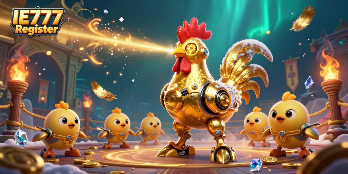 Engage with the thrilling IE777 Register, featuring a golden rooster robot and vibrant casino elements in action.