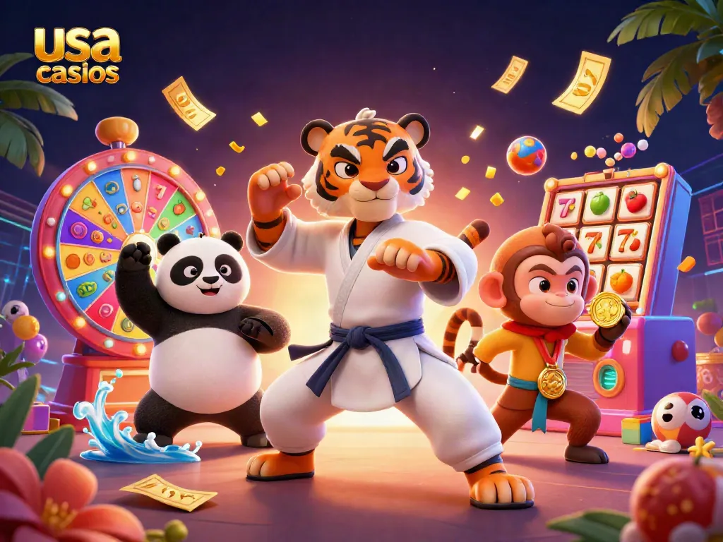 Engage in exciting usa casinos with colorful slots and whimsical characters in a dynamic digital scene.