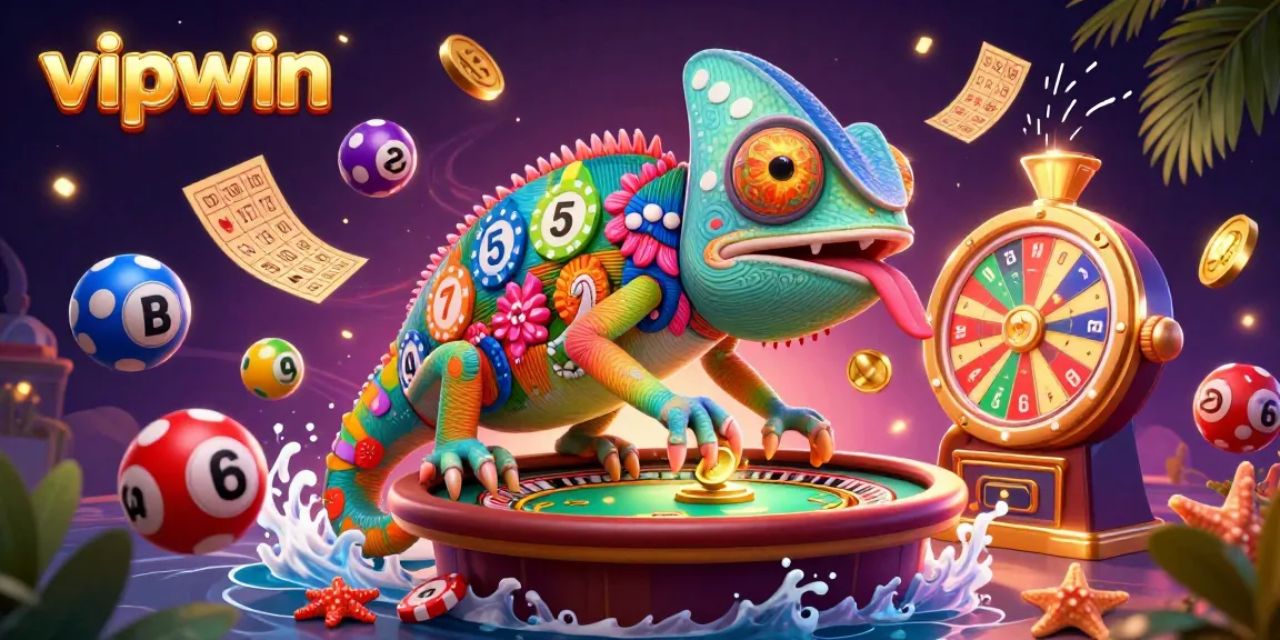 Engaging scene of vipwin's chameleon casino owner collecting coins among vibrant lottery elements in a lively casino.