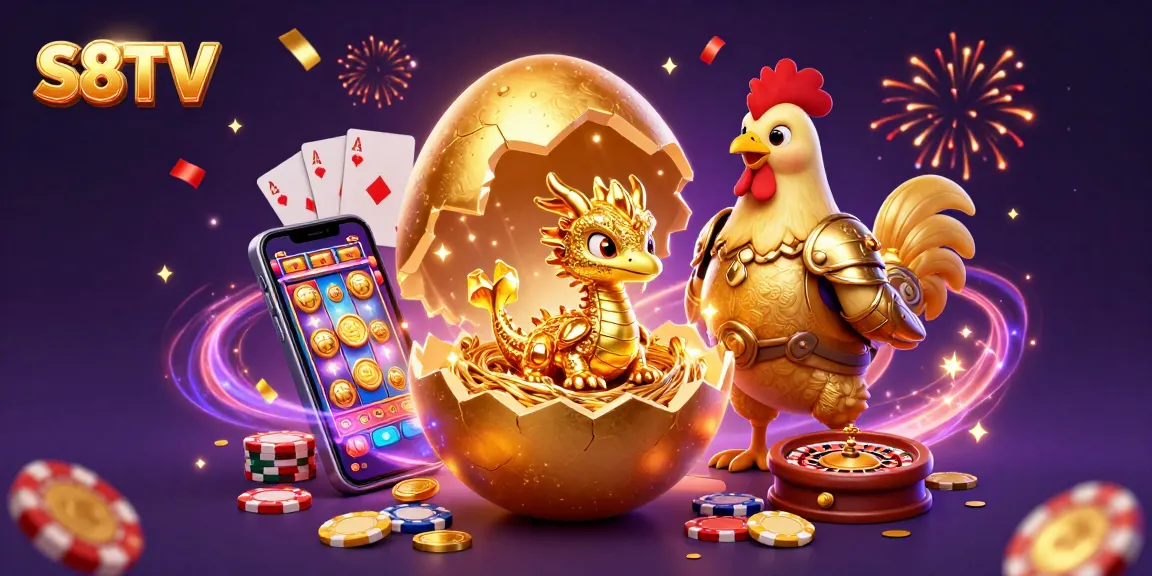 S8TV showcases vibrant action as a golden baby dragon emerges from a cracking egg atop poker chips.