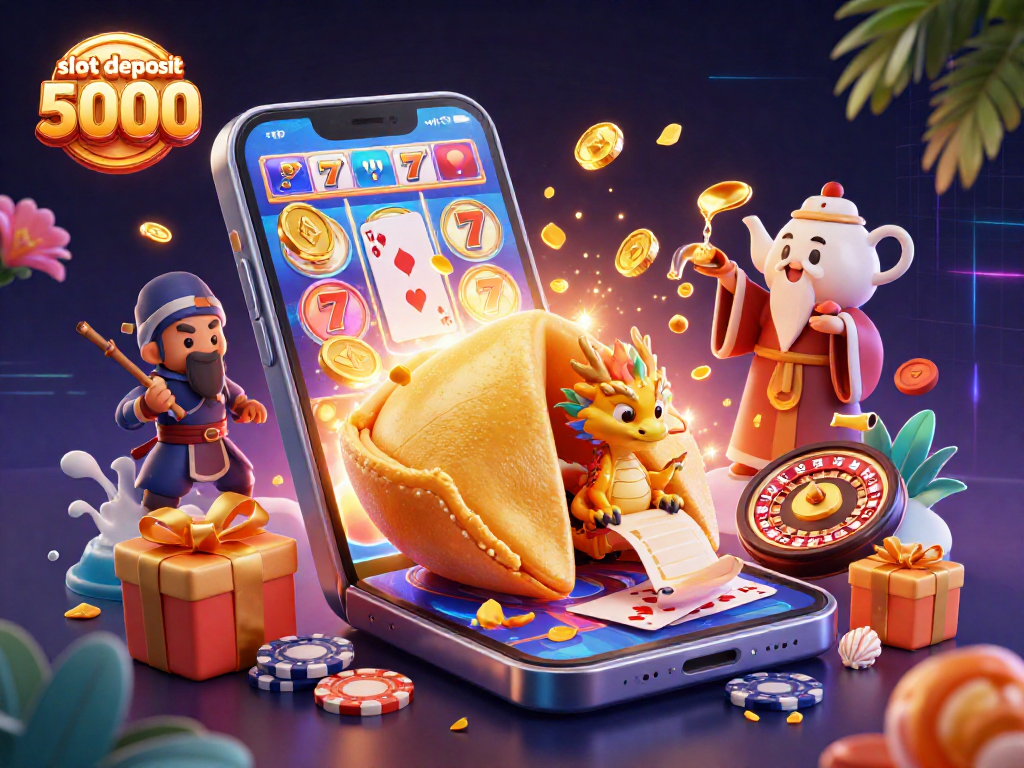 Experience the thrill of slot deposit 5000 with a golden fortune cookie scene and dynamic casino elements.