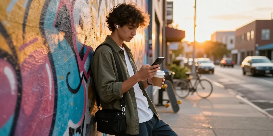 Stylish urban individual engaging with Cityescorthub content in a vibrant city backdrop during sunset.