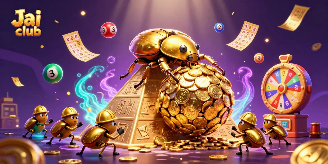 Experience thrilling moments with Jai club as golden beetles roll coins in a dynamic casino scene.