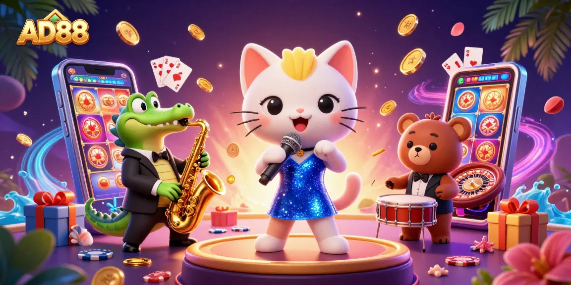 Experience the thrill of AD88 with charismatic casino characters and vibrant gaming elements.