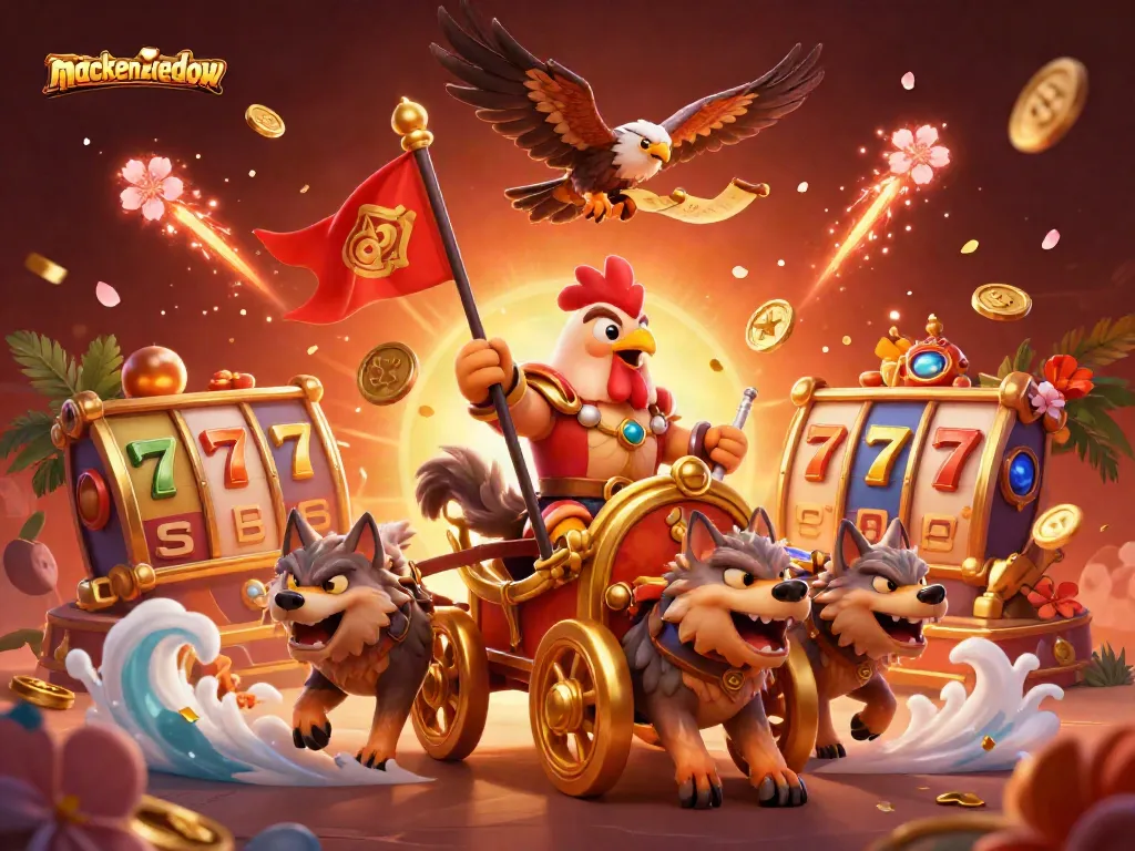 Spin to win with mackenziedow's dynamic 3D casino scene featuring a rooster warlord and abundant slot elements.