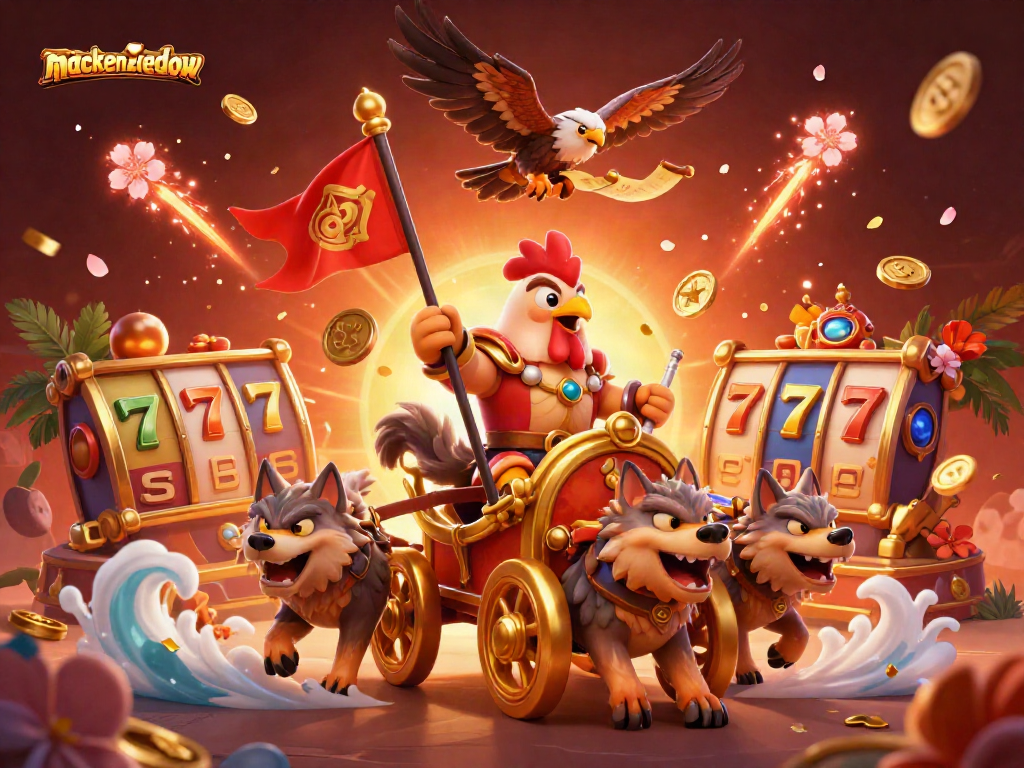 Spin to win with mackenziedow's dynamic 3D casino scene featuring a rooster warlord and abundant slot elements.