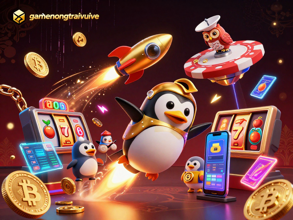 Spin the reels with gamenongtraivuive as a golden penguin explores a cosmic casino.
