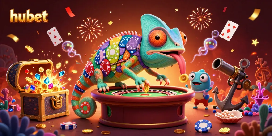Engage with hubet's vibrant casino scene featuring a chameleon collecting golden coins.