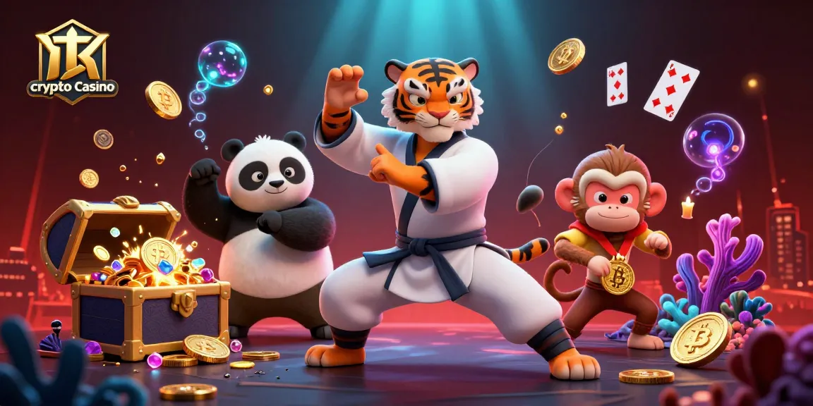 Profitez d'un jeu captivant et rapide sur le crypto casino avec nos personnages colorés dans une scène animée pleine de trésors.