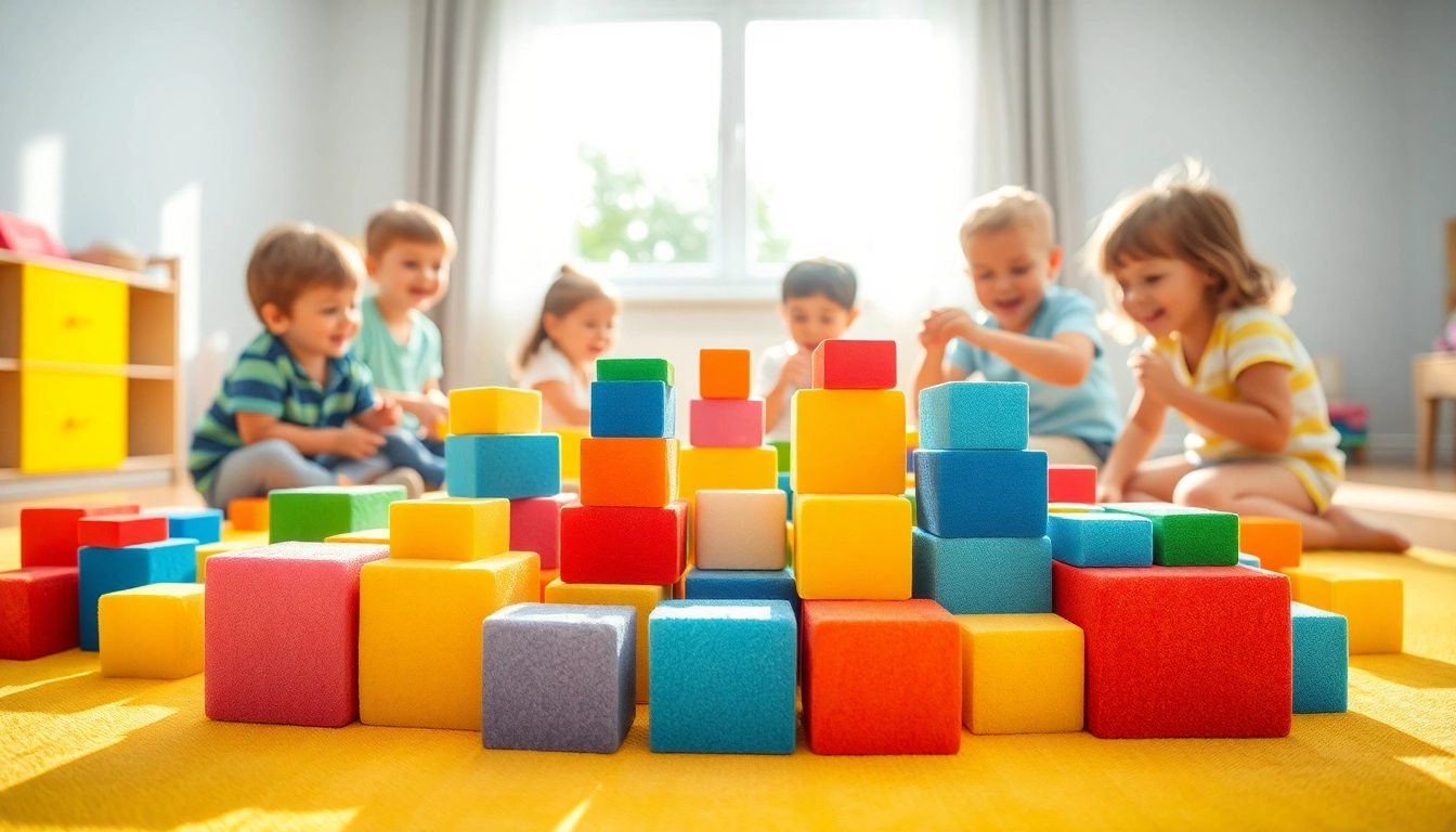 Children playing with colorful soft foam blocks; read more here for fun ideas and safety tips.