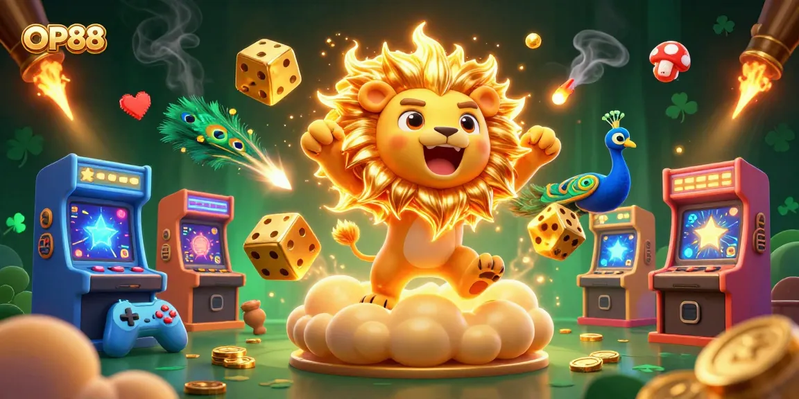 Experience OP88's vibrant energy with a golden lion and dazzling game visuals in this thrilling illustration.