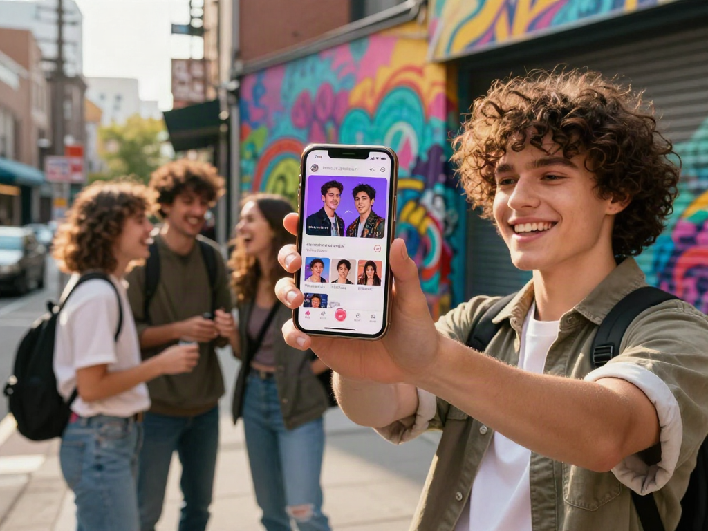 Person using a celebrity look alike app outdoors, enjoying the lively urban atmosphere.