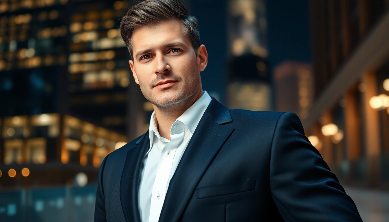 Man showcasing elegant men's black formal attire against a stylish cityscape backdrop.