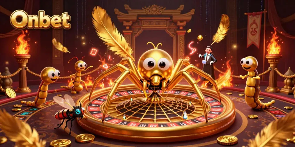 Unleash excitement with Onbet as a golden spider spins a roulette web while a fly nervously bets.
