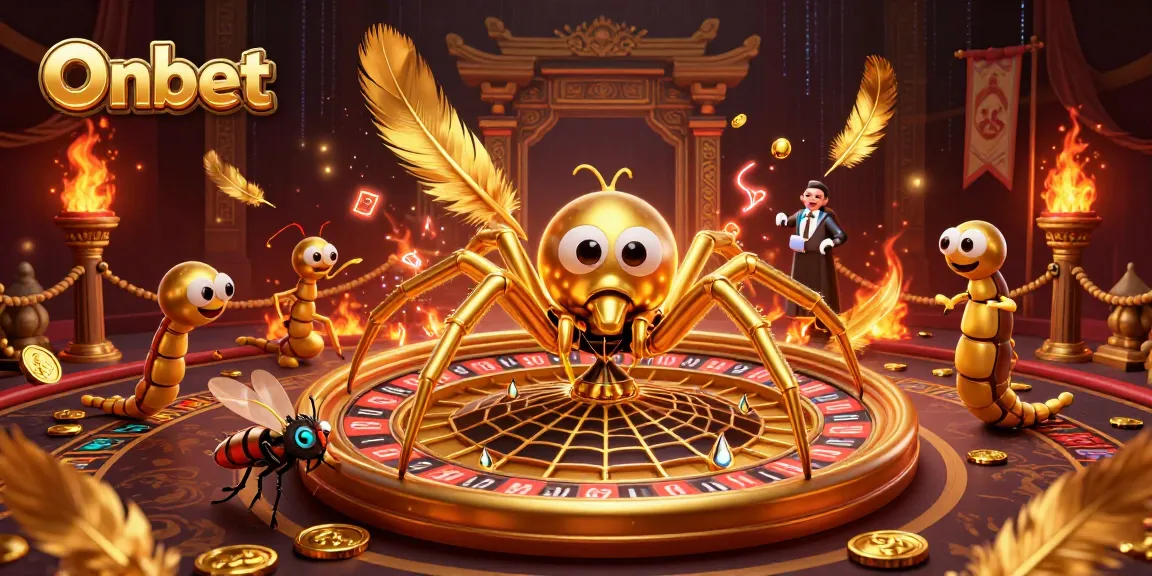 Unleash excitement with Onbet as a golden spider spins a roulette web while a fly nervously bets.