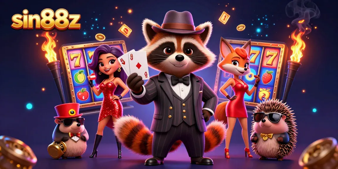 Experience thrilling games at sin88z with lively characters and vibrant slot elements in a dynamic casino setting.