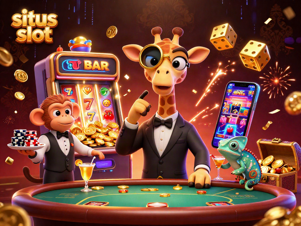 Situs slot excitement with a giraffe in a VIP setting, vibrant slot machine, and colorful symbols