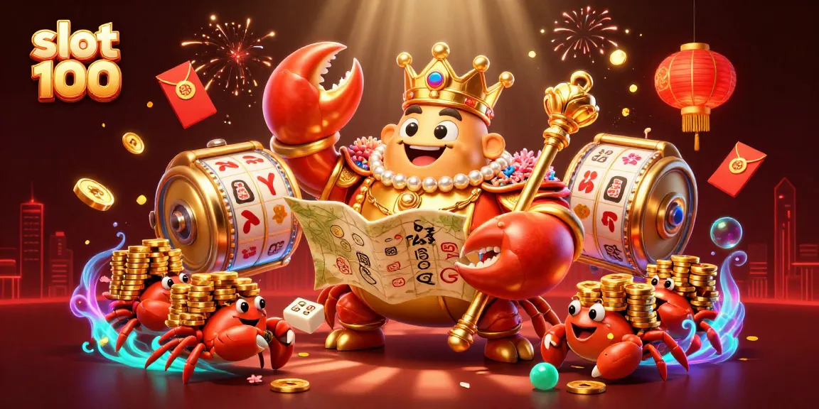 Win big with slot bet 100 in this vibrant 3D casino illustration featuring golden crab emperor.