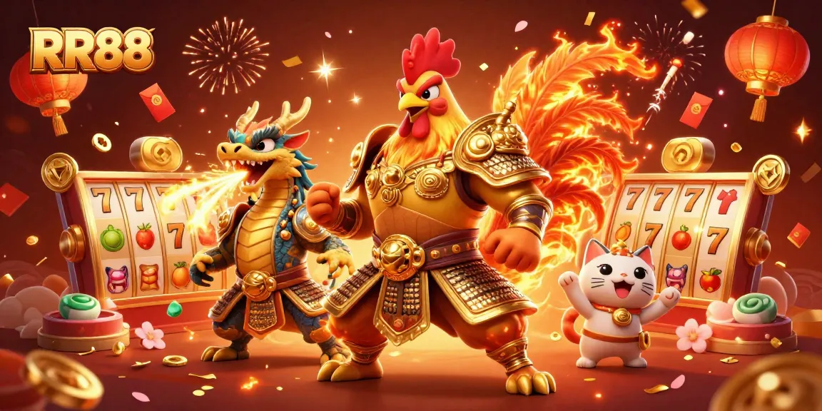Engage with the vibrant RR88 casino experience featuring dynamic characters and slot elements.