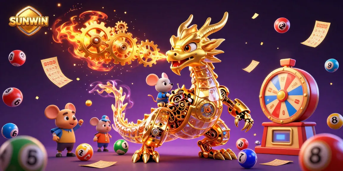 Experience the excitement of SUNWIN with lively lottery elements and a dynamic dragon scene.