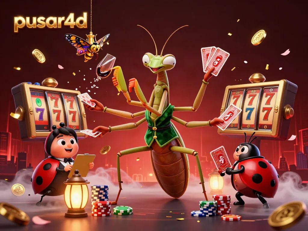 Pusar4d promotes vibrant online slots gameplay with a giant mantis dealer, ladybug pit boss, and festive elements.
