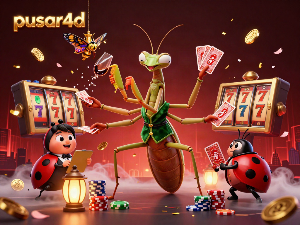Pusar4d promotes vibrant online slots gameplay with a giant mantis dealer, ladybug pit boss, and festive elements.