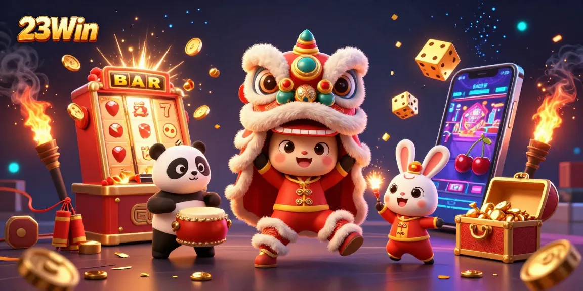 Experience the excitement of 23Win with a vibrant celebration of gambling elements.
