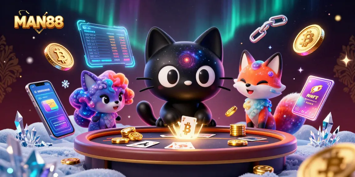 Experience MAN88's cosmic casino adventure with a cat and fox attracting crypto coins.