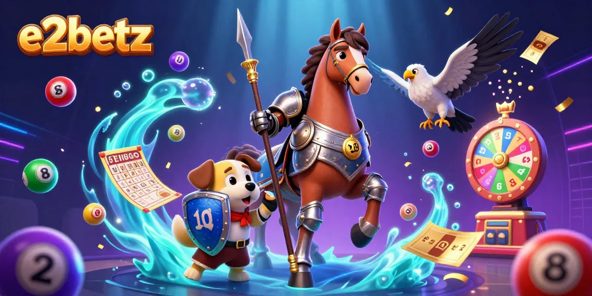Engage with e2betz in this dynamic, colorful lottery scene featuring knights, puppies, and golden tickets.
