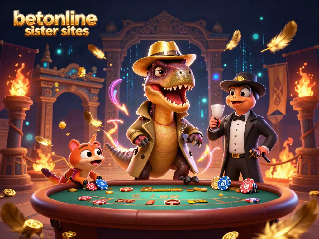 Engaging illustration of the betonline sister sites in action with unique characters at a casino table.
