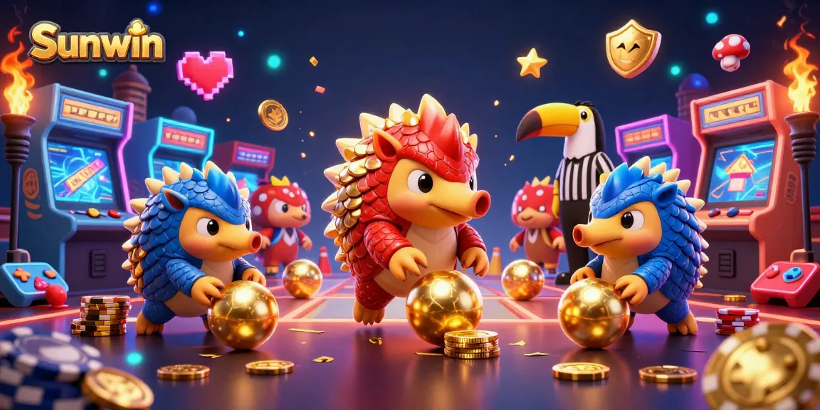 Sunwin pangolins competing in a casino-inspired game with vibrant arcade elements.