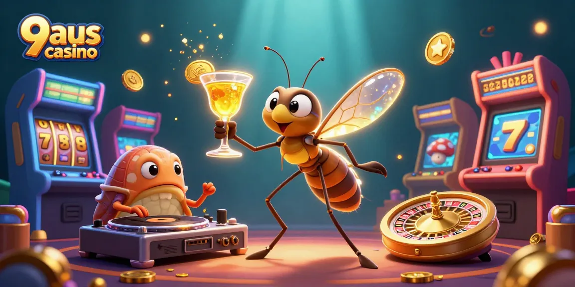 Spin the reels at 9aus casino with this vibrant 3D illustration of casino elements and characters!