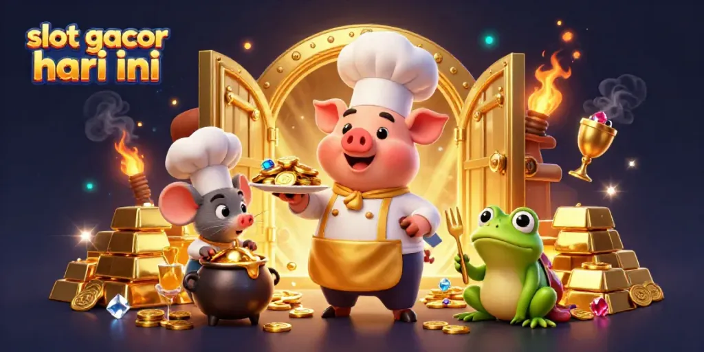 Elevate your chance with slot gacor hari ini as a chef pig serves golden coins in a vibrant casino.