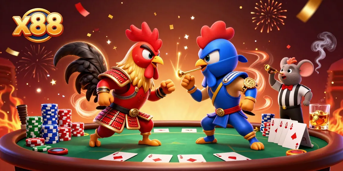 Witness x88's epic rooster standoff at the poker table with colorful chips and shimmering details.