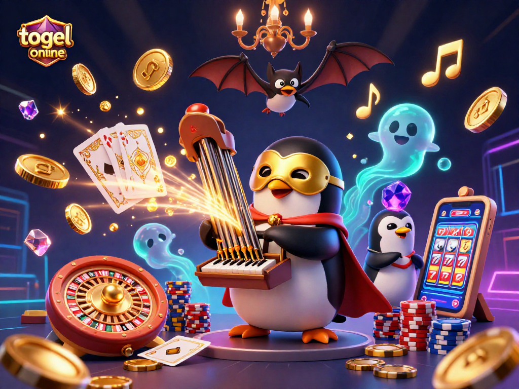 Engage with togel online gaming in a vibrant 3D cartoon scene featuring characters and casino elements.