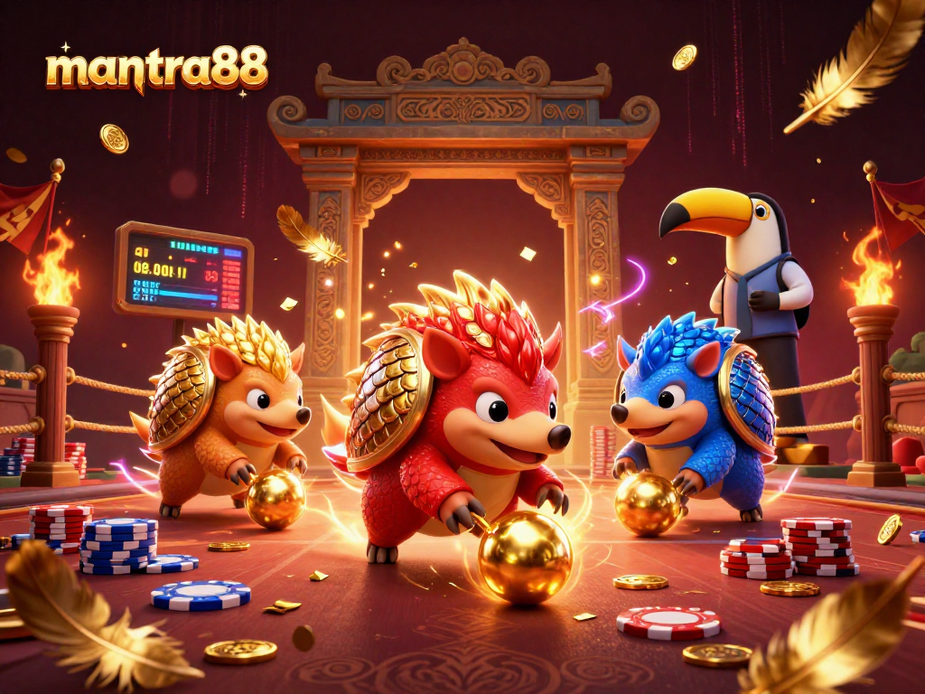 Engage with excitement at mantra88 as playful pangolins roll golden balls in a vibrant casino scene.