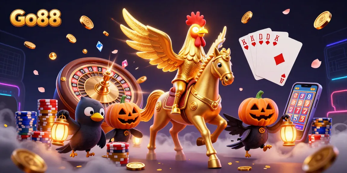 Experience vibrant gameplay at Go88 with a golden rooster and casino action illuminated by gems and lanterns.