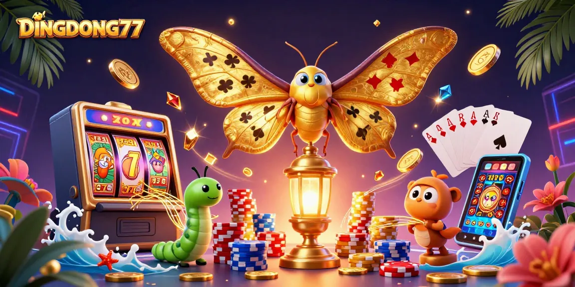 DINGDONG77 showcases a vibrant casino scene with a 3D atlas moth and spinning slot machines.