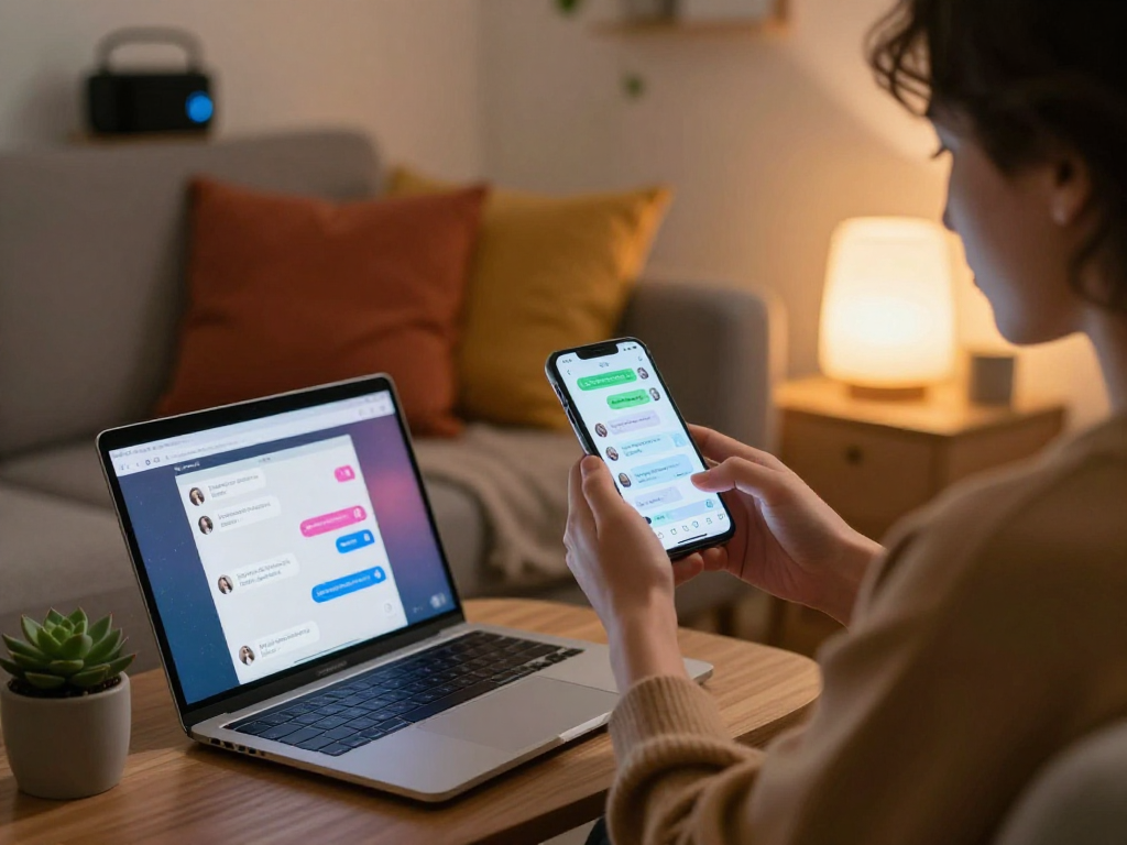 Engaging in AI sexting conversation on a smartphone in a cozy home setting.