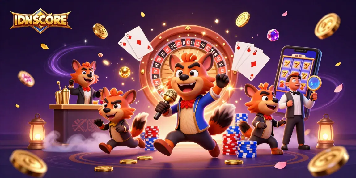 Experience the excitement of IDNSCORE with hyenas in a dynamic casino scene, showcasing vibrant gaming elements.