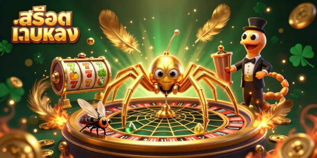 Place bets with สล็อตเว็บตรง in a vibrant 3D casino scene featuring a roulette wheel web.