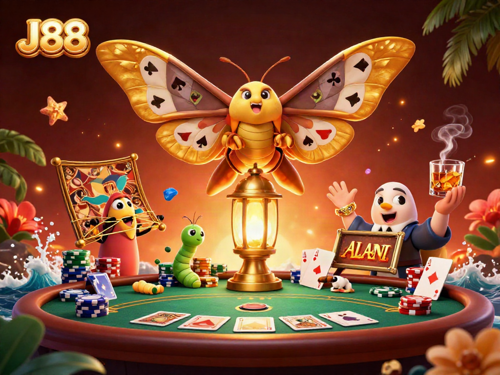 Experience thrilling casino action with J88, highlighted by a colorful poker scene and vibrant characters.