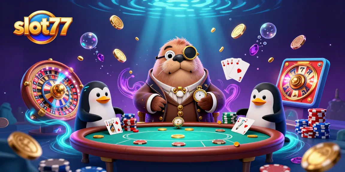 Slot77 menampilkan walrus ceria bermain judi slot di meja poker bawah laut.