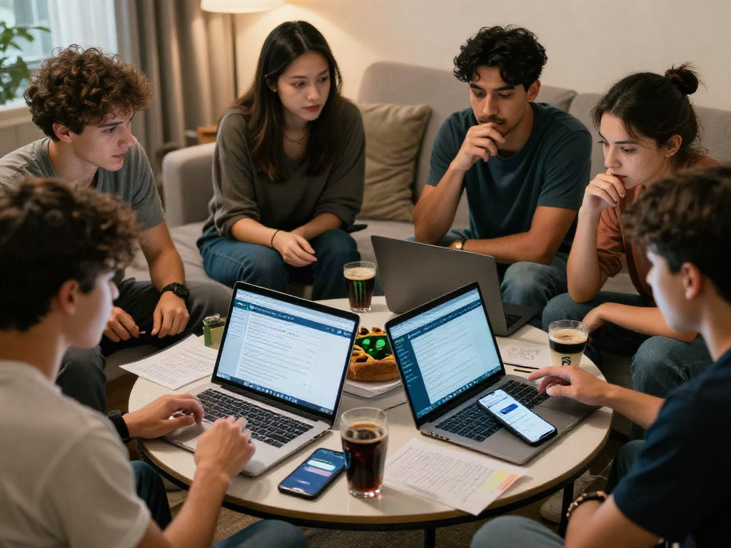 Friends discussing 먹튀검증 experiences around a coffee table, highlighting safe online gambling practices.