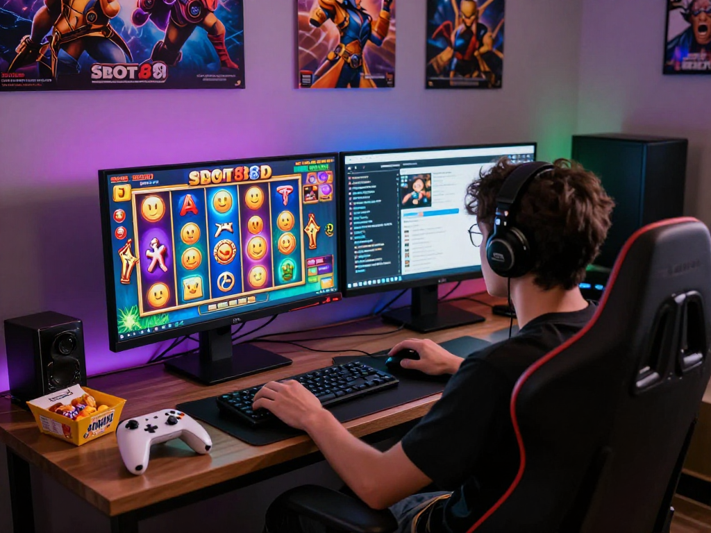 Pengalaman bermain slot88 yang mendebarkan dengan setup gaming modern dan cahaya LED yang menawan.