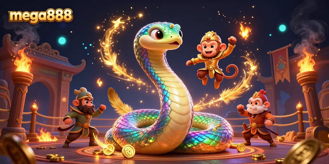 Join the excitement at Mega888 with a colorful scene featuring a radiant serpent and king, embodying casino thrills.