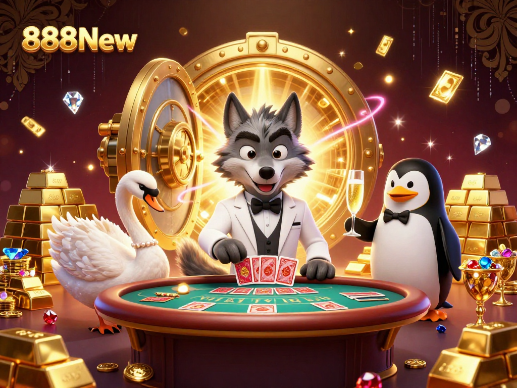 Engage in the excitement of 888New with a 3D illustration of a wolf, swan, and penguin at a baccarat table.