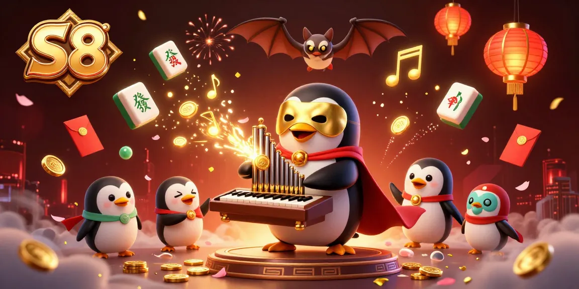 S8 penguin character playing music while golden coins shower down in a vibrant casino setting