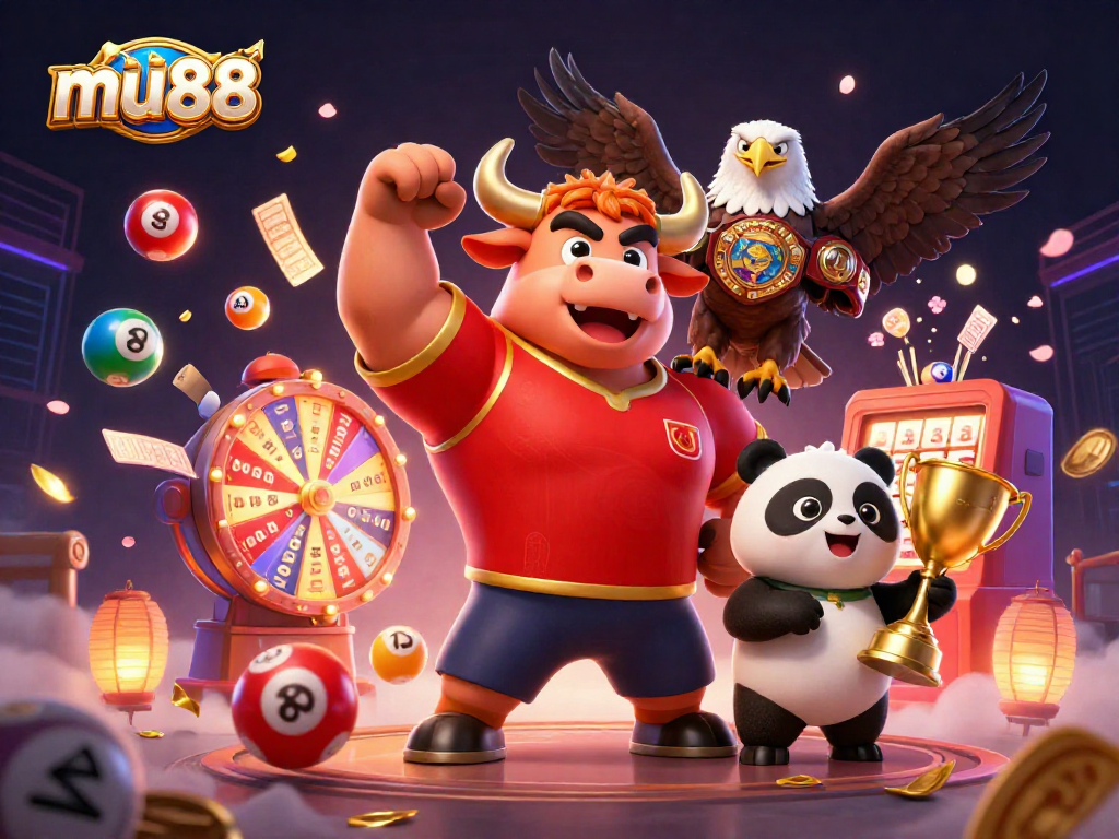 Win big with mu88 as the bull mascot celebrates amidst colorful lottery elements and gaming excitement.